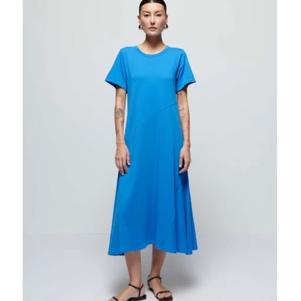 Nation LTD Eileen Blue Organic Cotton Asymmetrical Seam Maxi T-Shirt Dress Large